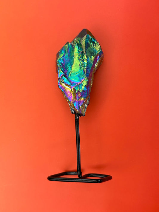 Titanium aura quartz - Rough cluster on stand