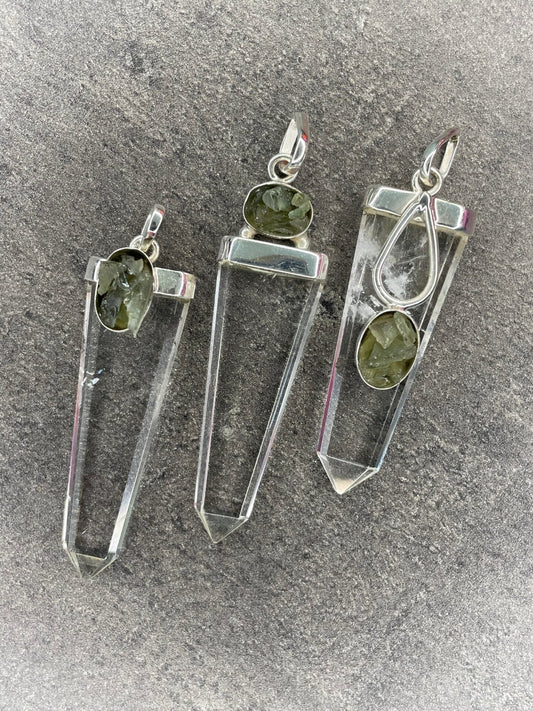 Moldavite and quartz - Pendant