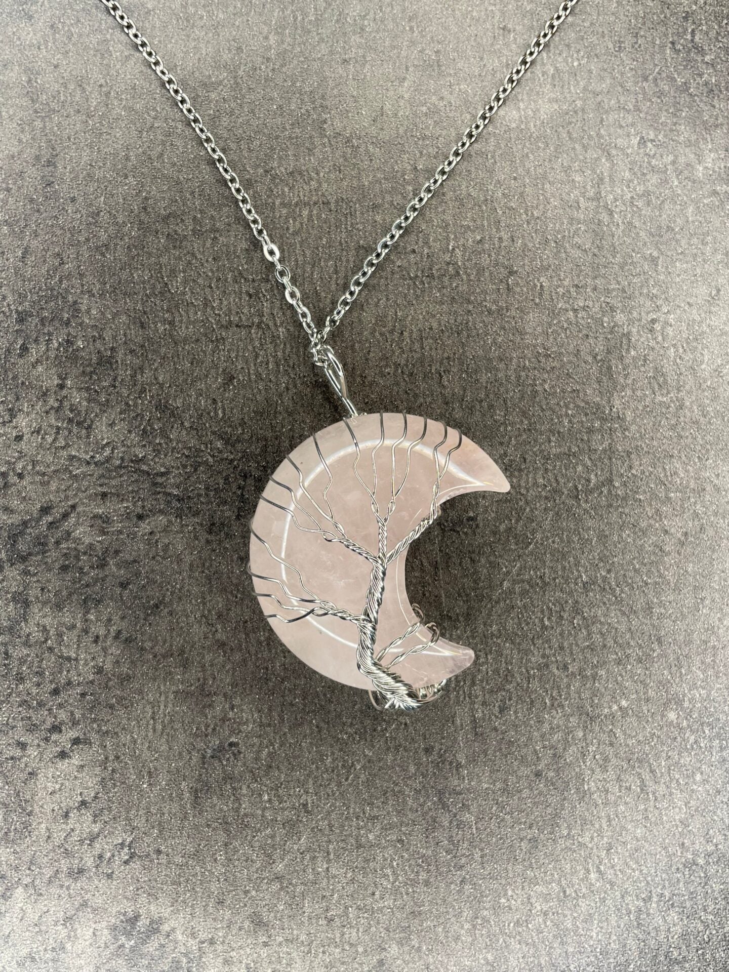 Rose quartz moon pendant and necklace