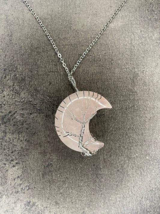 Rose quartz moon pendant and necklace